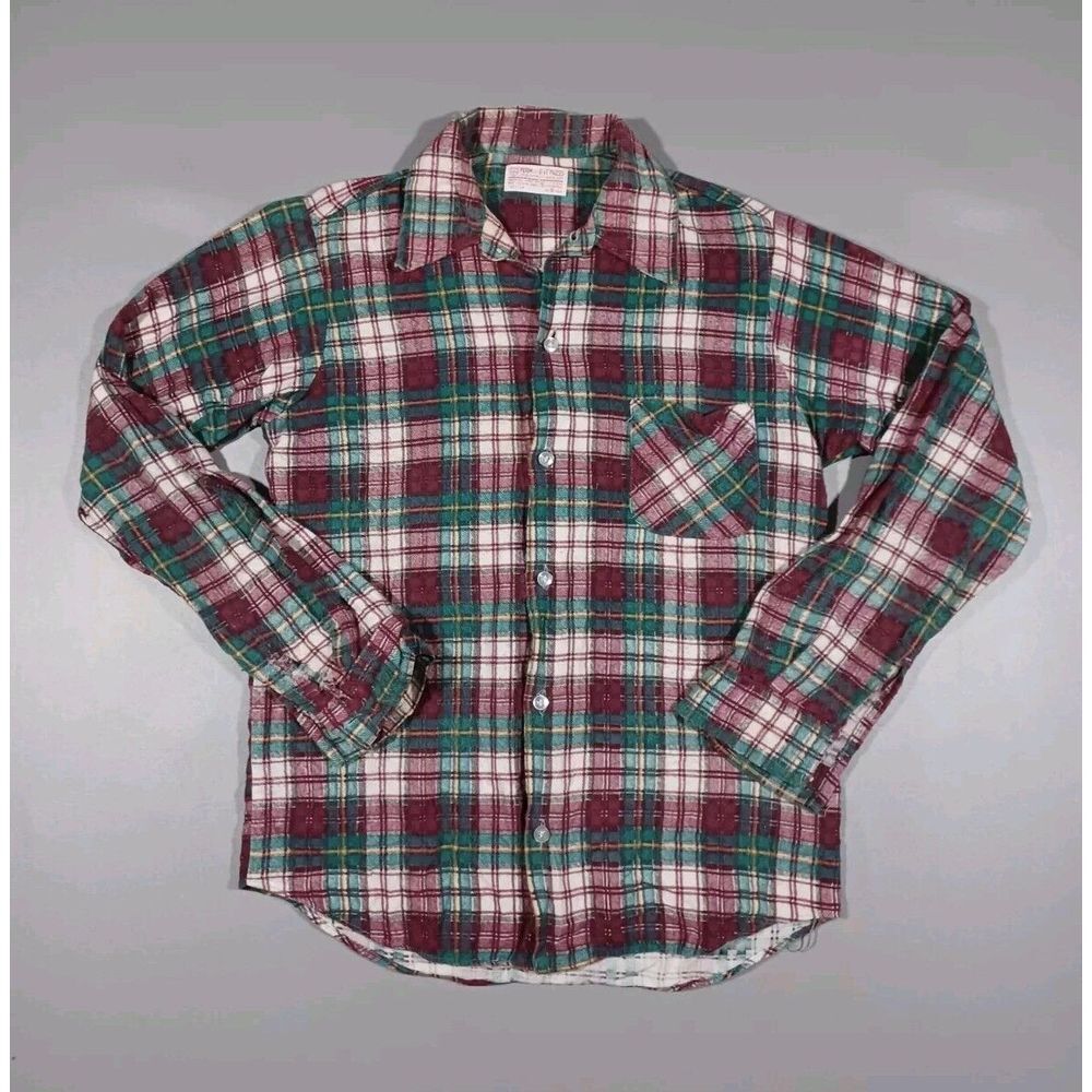 Permanent Press Shirt Mens S Green Purple Plaid Long Sleeve Button Up Vintage‎
